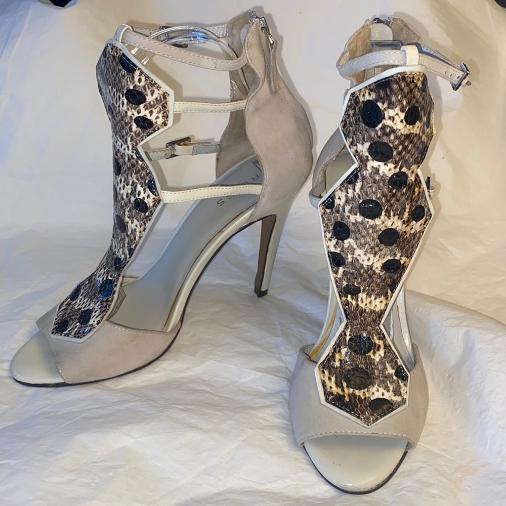 Reiss Strappy Animal Print Bone Suede and Leather Heel SZ 38/7.5